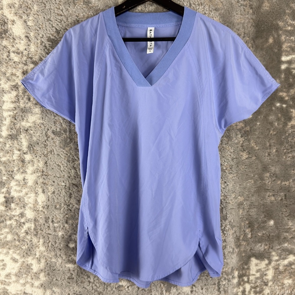 Athleta Size S Athleisure Stretch V Neck Top Purple Blue Short Sleeve Casual